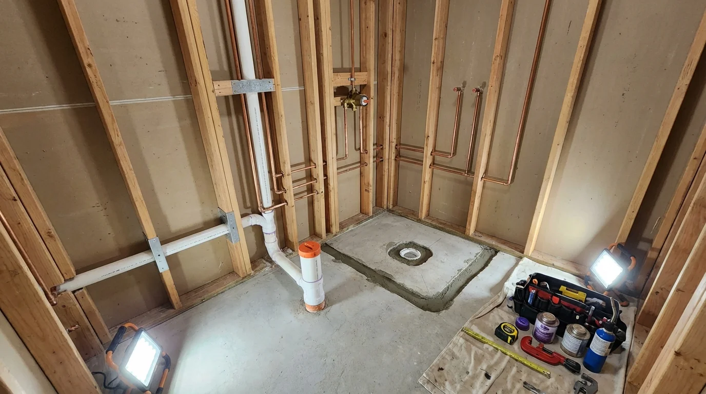 Bathroom rough-in plumbing during remodel by Johns Plumbing LLC in Opelika