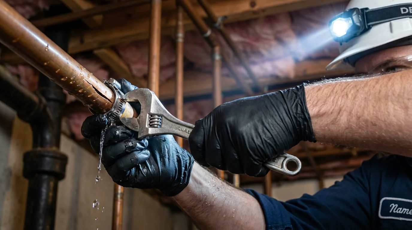 Emergency pipe clamp repair being performed by a Johns Plumbing LLC plumber in Opelika