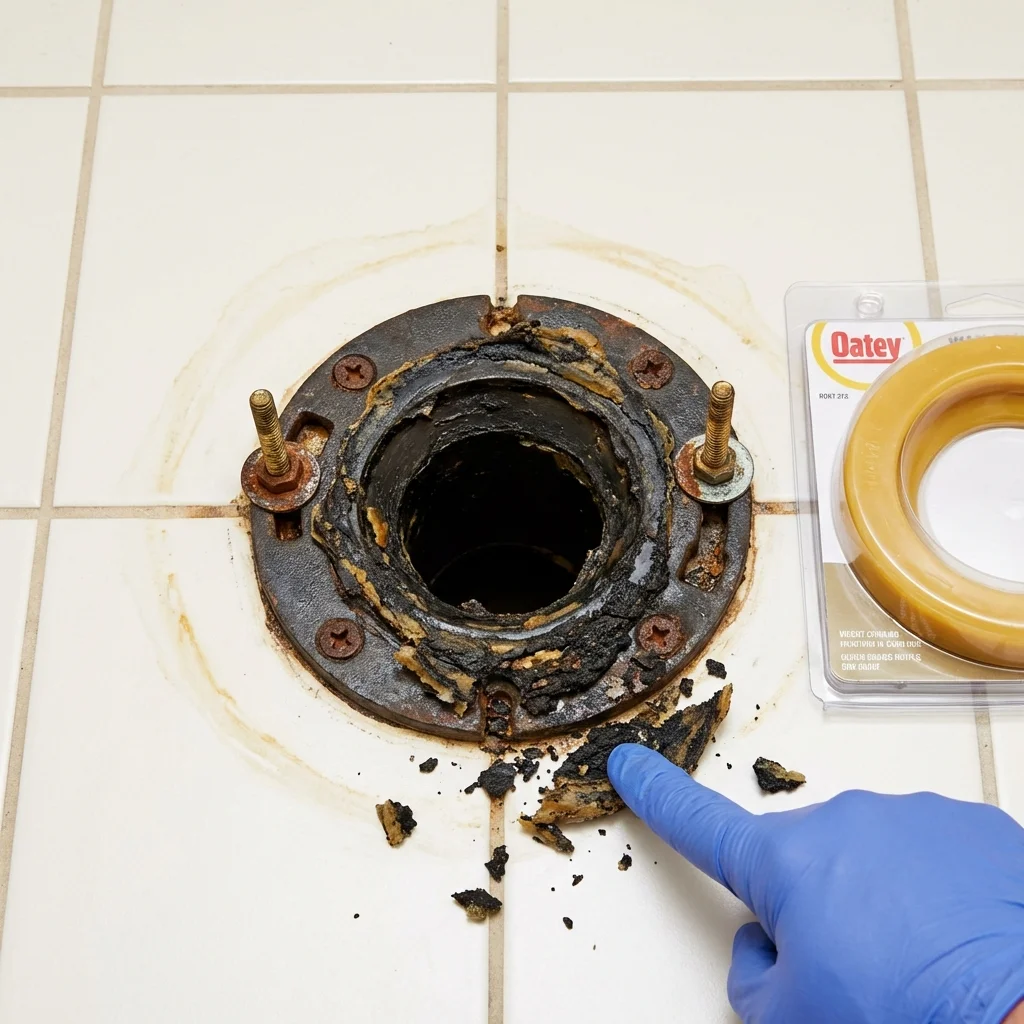 Failed wax ring showing water seepage at the base of a toilet in a Opelika, AL home
