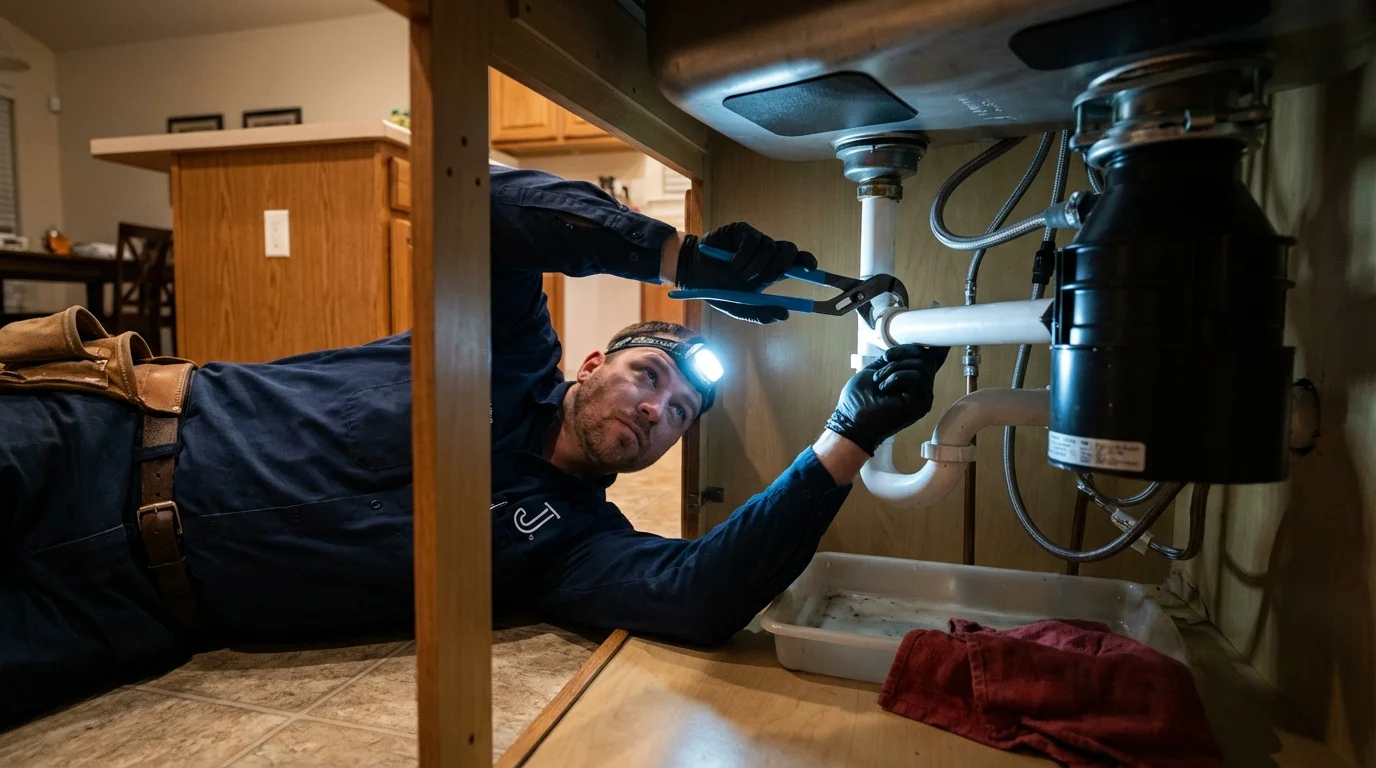 P-trap and supply line connections under a kitchen sink showing a common leak point in Opelika, AL